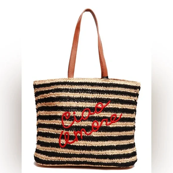 NWT Giada Benincasa De Siena Raffia Ciao Amore Leather Strap Shoulder Tote Bag